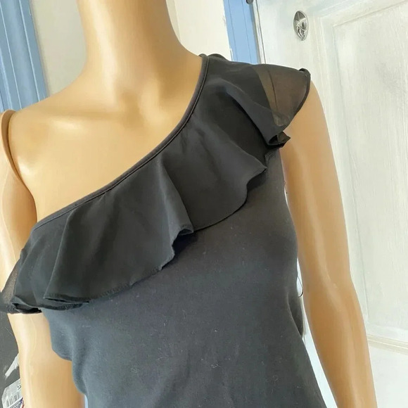 Y2K Express Babydoll Black One Shoulder Ruffle Stretch Self Bra Tank Top Lady M - Picture 9 of 10